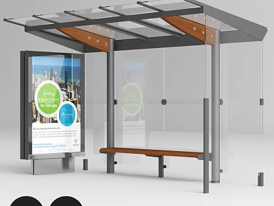 Modern Bus Stop Shelter With Transparent Roof Glass Panels Wooden Bench And Advertising Billboard 3d model