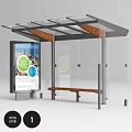 Modern Bus Stop Shelter With Transparent Roof Glass Panels Wooden Bench And Advertising Billboard