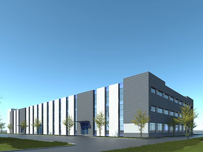 Modern Industrial Factory Building Exterior Featuring Gray White Walls Windows Entrance And Lawn Trees 3d model
