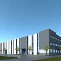 Modern Industrial Factory Building Exterior Featuring Gray White Walls Windows Entrance And Lawn Trees