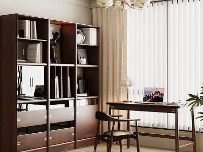 Modern Minimalist Bedroom Interior with Dark Wooden Bookshelf Desk Lamp Laptop Books Decor Blinds and Chair 3d model