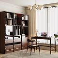 Modern Minimalist Bedroom Interior with Dark Wooden Bookshelf Desk Lamp Laptop Books Decor Blinds and Chair