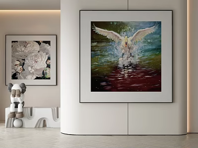 Modern Abstract Painting with Swan Spreading Wings and Water Reflection in White Wall Interior 3d model