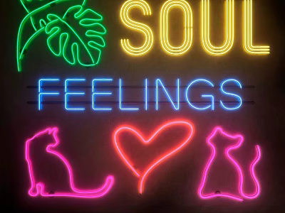 Neon Decorative Lights with Green Leaf Yellow SOUL Blue FEELINGS Lettering Pink Heart Cat Silhouettes 3d model