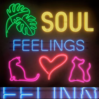 Neon Decorative Lights with Green Leaf Yellow SOUL Blue FEELINGS Lettering Pink Heart Cat Silhouettes 3d model
