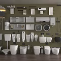 Modern Bathroom Combination With White Ceramic Toilets Basins Bathtubs Shelves And Shower Accessories