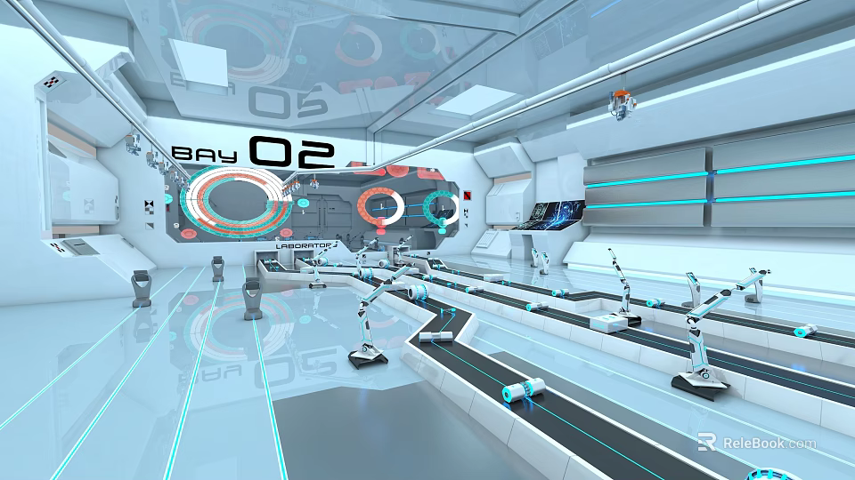 Futuristic Smart Automated Factory Workshop With Robotic Arms Conveyor Belts And Holographic Data Display Panels 3d model 