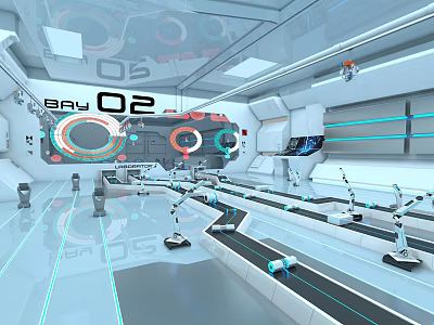 Futuristic Smart Automated Factory Workshop With Robotic Arms Conveyor Belts And Holographic Data Display Panels 3d model