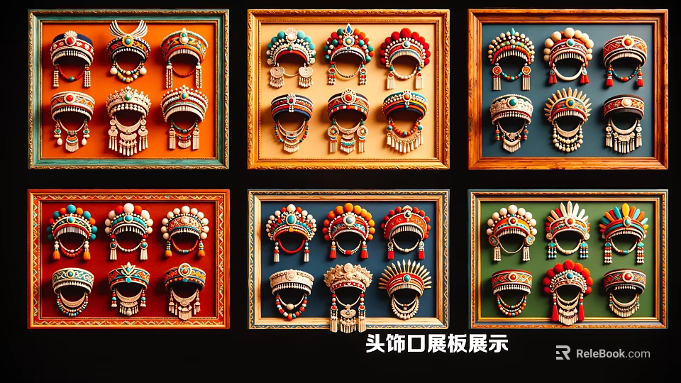 Various Styles of Decorative Traditional Headwear Pendants on Framed Display Boards 3d model 