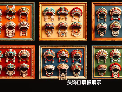 Various Styles of Decorative Traditional Headwear Pendants on Framed Display Boards 3d model