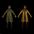 Two Men in Historical Costume with Gray Red Turbans Green Yellow Robes Beards Brown Boots