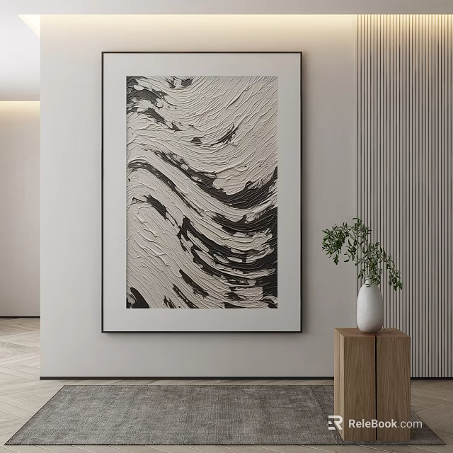 Abstract Black And White Textured Wall Art With Wooden Table Vase And Green Plant 3d model 