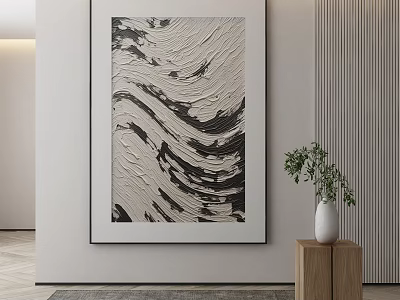 Abstract Black And White Textured Wall Art With Wooden Table Vase And Green Plant 3d model