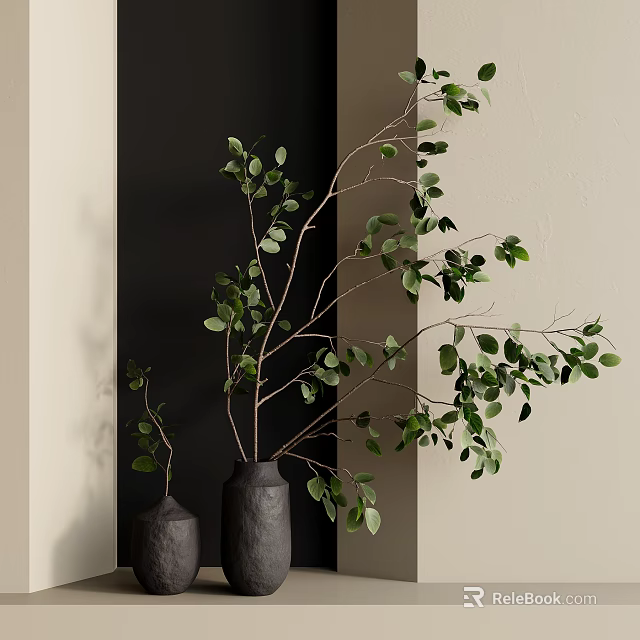 Minimalist Gray Vases with Green Leaf Branches in Modern Neutral Wall Interior 3d model 