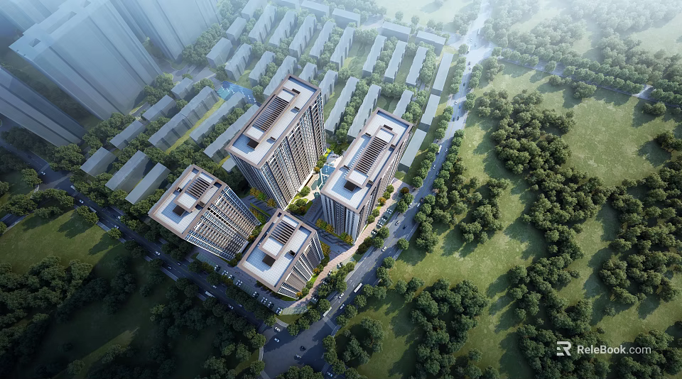 Aerial Planning of High rise Buildings With Greenery And Roads 3d model 