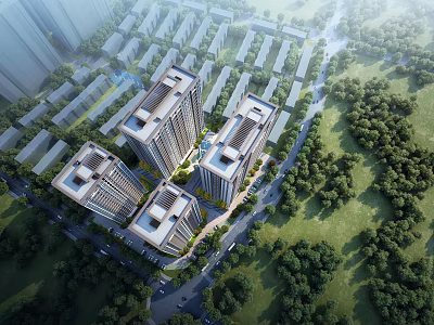 Aerial Planning of High rise Buildings With Greenery And Roads 3d model