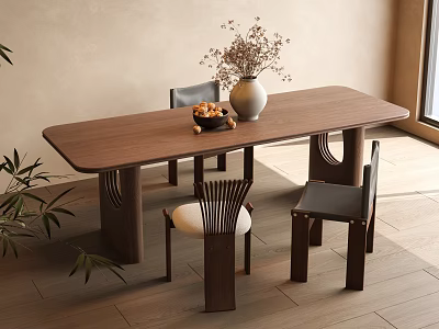 Modern Wooden Dining Table Set with Unique Chairs Decorative Vase Natural Light and Green Plants 3d model