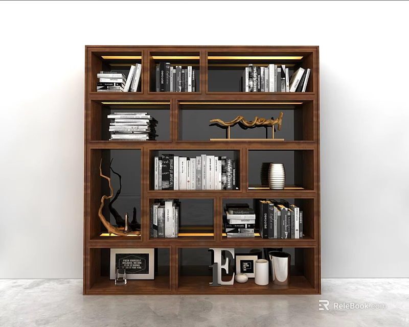 Modern Wooden Bookshelf With Stacked Books Decorative Sculpture Photo Frame And Vase 3d model 