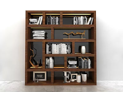 Modern Wooden Bookshelf With Stacked Books Decorative Sculpture Photo Frame And Vase 3d model