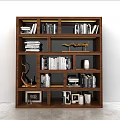 Modern Wooden Bookshelf With Stacked Books Decorative Sculpture Photo Frame And Vase