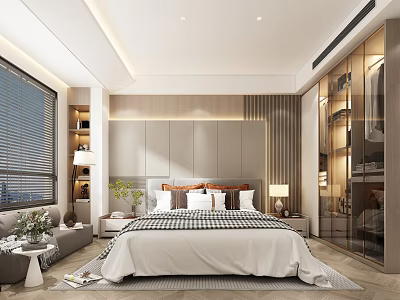 Modern Bedroom Interior With Comfortable Bed Bedside Lamps Built In Wardrobe And Window Blinds 3d model