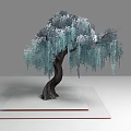 Ornamental Arbor With Drooping Silver Blue Leaves And Dark Trunk On White Platform