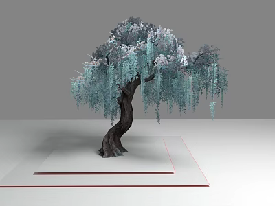Ornamental Arbor With Drooping Silver Blue Leaves And Dark Trunk On White Platform 3d model