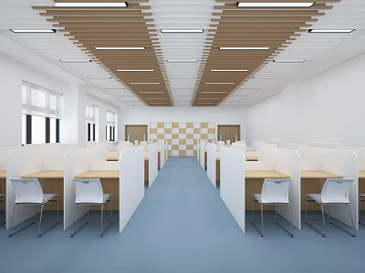 School Classroom Interior With Partitioned Desks Blue Carpet White Walls And Wooden Strip Ceiling 3d model
