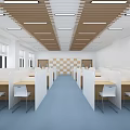 School Classroom Interior With Partitioned Desks Blue Carpet White Walls And Wooden Strip Ceiling