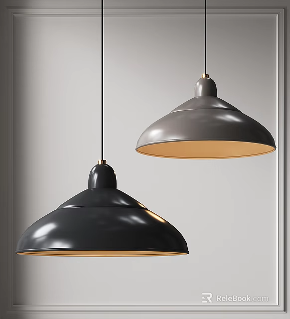 Modern Dome Shaped Black Gray Pendant Lights Hanging With Warm Glow In Interior 3d model 