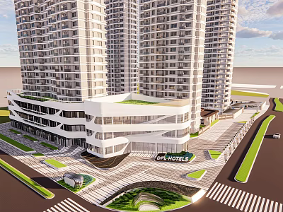 Modern High Rise Hotel Complex Exterior With Landscaping Roads And Parking Area 3d model