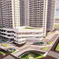Modern High Rise Hotel Complex Exterior With Landscaping Roads And Parking Area