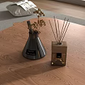 Fragrance Cosmetics On Wooden Tabletop With Metallic Cone Vase Dried Flowers Square Bottle And Sticks