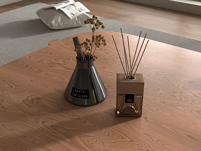 Fragrance Cosmetics On Wooden Tabletop With Metallic Cone Vase Dried Flowers Square Bottle And Sticks 3d model