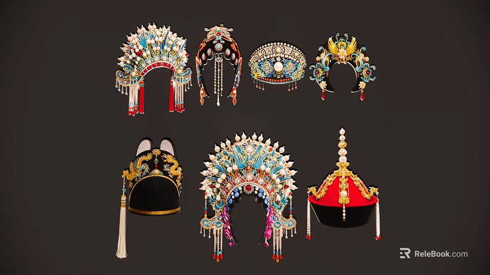 Traditional Chinese Opera Headpieces As Decorative Hanging Ornaments With Beads And Tassels 3d model 