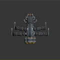 3D Rendered Futuristic Mechanical Device Featuring Metallic Arms Blue Orange Details And Red Markers