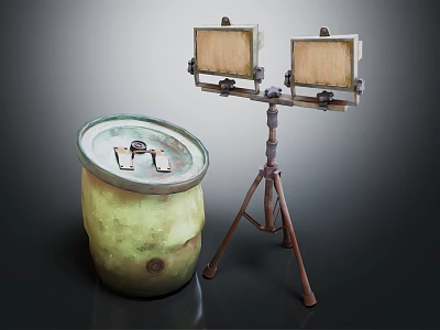 Vintage Industrial Decorative Lamp With Tripod Stand Double Lampshades And Green Barrel Base 3d model