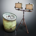 Vintage Industrial Decorative Lamp With Tripod Stand Double Lampshades And Green Barrel Base