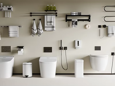 Modern Minimalist Bathroom Set With Wall Mounted Toilets Towel Racks Shelves And Storage Units 3d model