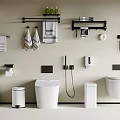 Modern Minimalist Bathroom Set With Wall Mounted Toilets Towel Racks Shelves And Storage Units