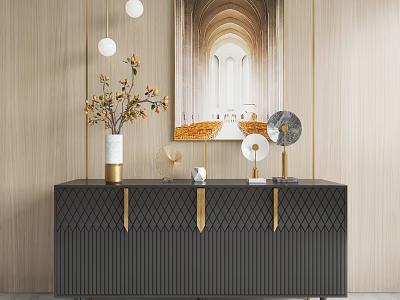Black Entryway Cabinet Sideboard With Gold Handles Decorative Vase Flowers Table Lamp And Wall Art 3d model