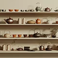 Stylish Ceramic Tea Sets Display With Teapots Teacups And Canisters On Wooden Shelves