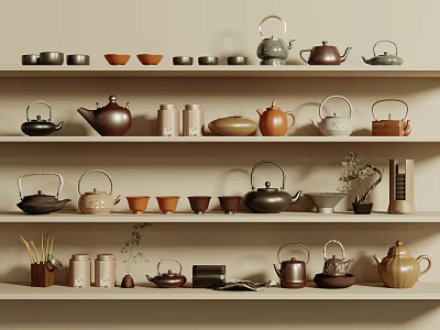 Stylish Ceramic Tea Sets Display With Teapots Teacups And Canisters On Wooden Shelves 3d model