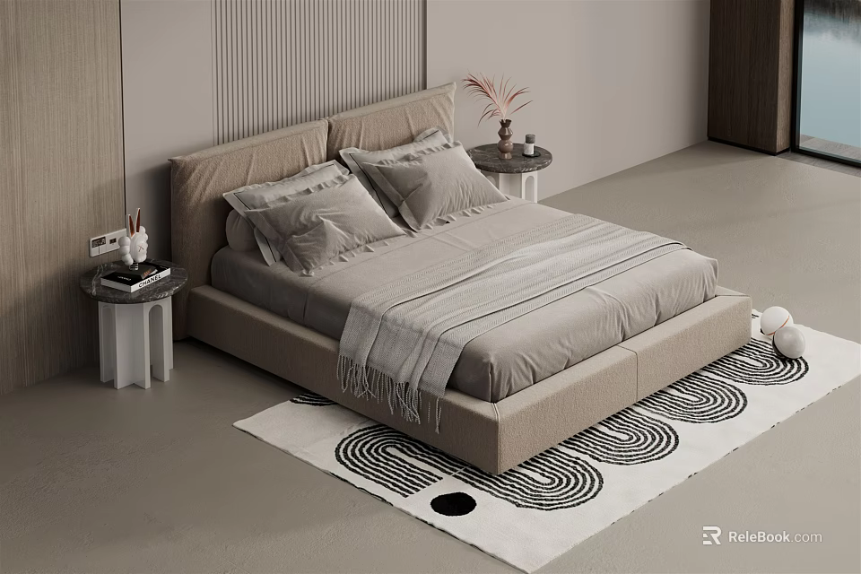 Modern Double Bed Featuring Pillows Throw Blanket Side Table Vase And Geometric Rug 3d model