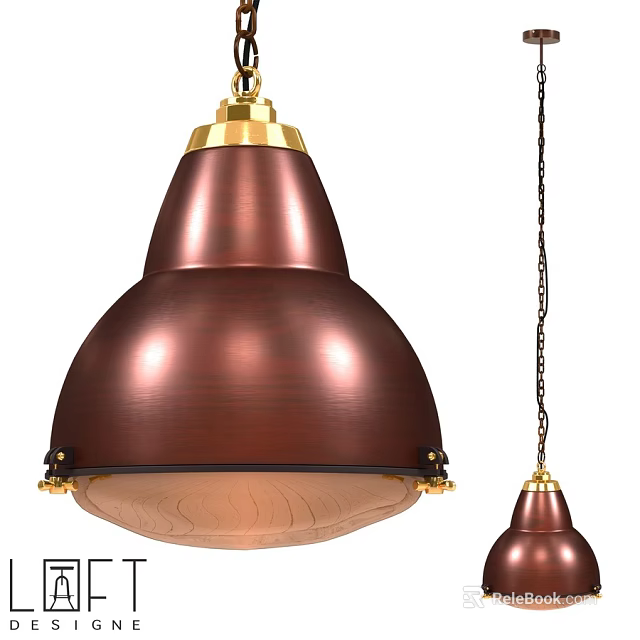 Copper Pendant Light With Gold Accents Wooden Base And Chain Hanging Design 3d model 