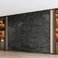 Traditional Chinese Wall Panel With Mountain Architecture Pattern Wooden Cabinets And Shelves With Ornaments