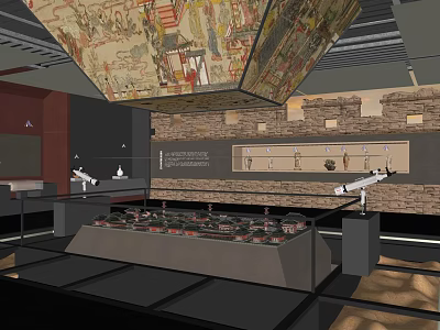 Traditional Cultural Center Featuring Ancient Mural Exhibits And Glass Display Cases 3d model