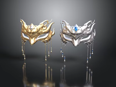 Elegant Decorative Masks With Golden Silver Design Beaded Tassels And Blue Gemstone 3d model