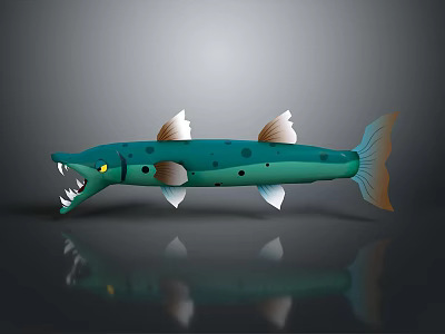 Green Toy Fish With Sharp Teeth White Fins And Gray Background Reflection 3d model