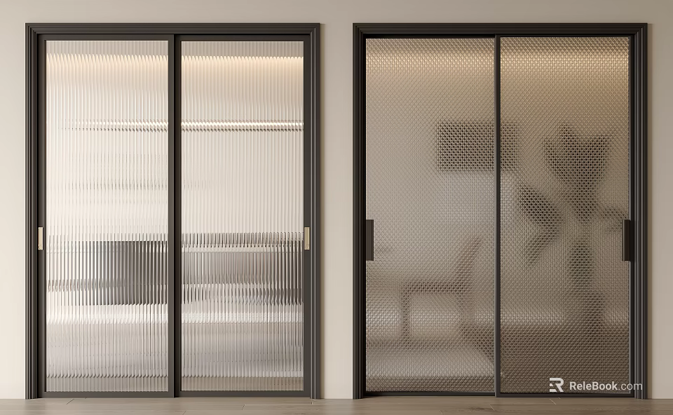 Modern Interior Hinged Glass Doors With Black Frames And Decorative Patterns 3d model 